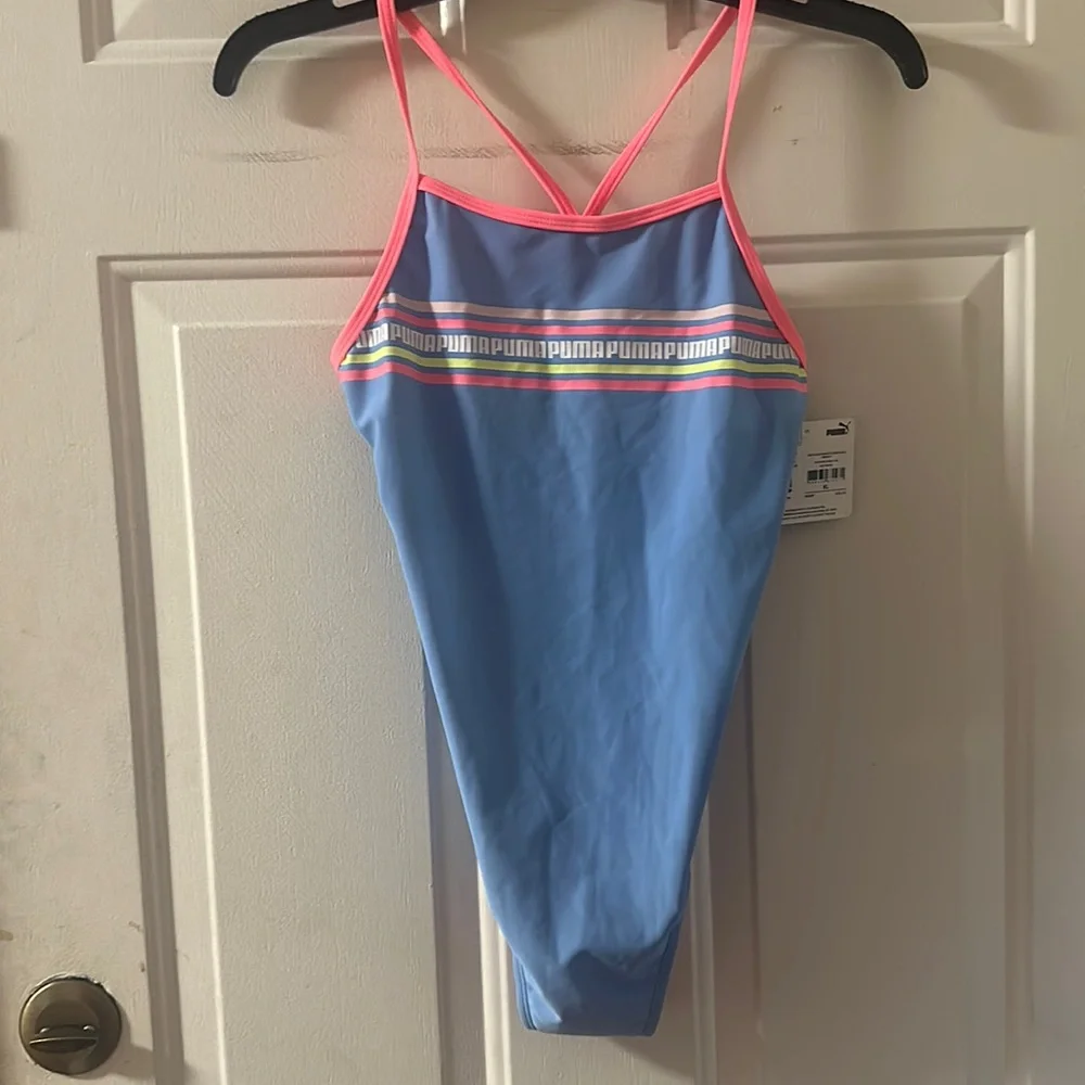 PUMA ONE PIECE SWIMSUIT: DAYDREAM BLUE/PINK: NEW WITH TAGS: SIZE XL